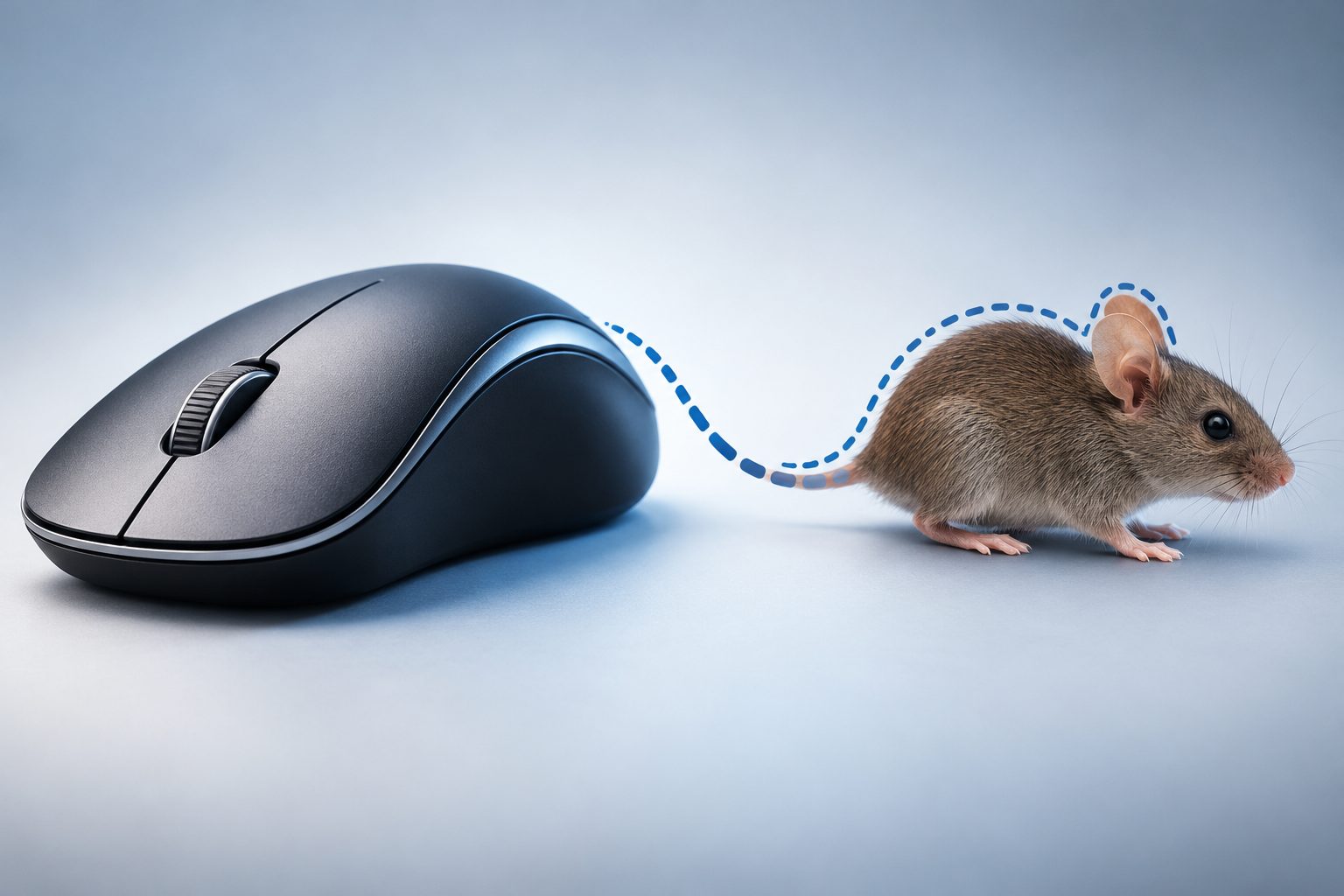 Early computer mouse with cord resembling a tail beside a keyboard
